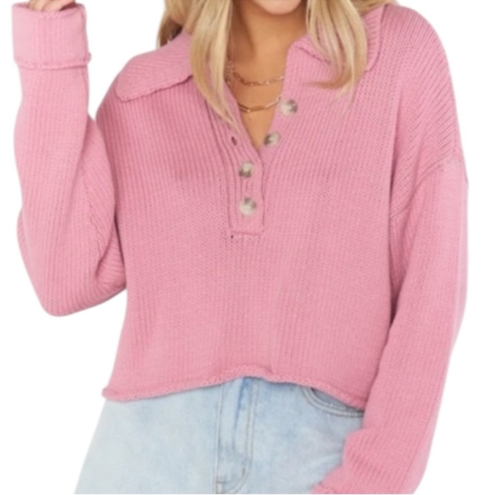 Show Me Your Mumu Crawford Pink Henley Crop Rib Knit Sweater NWOT